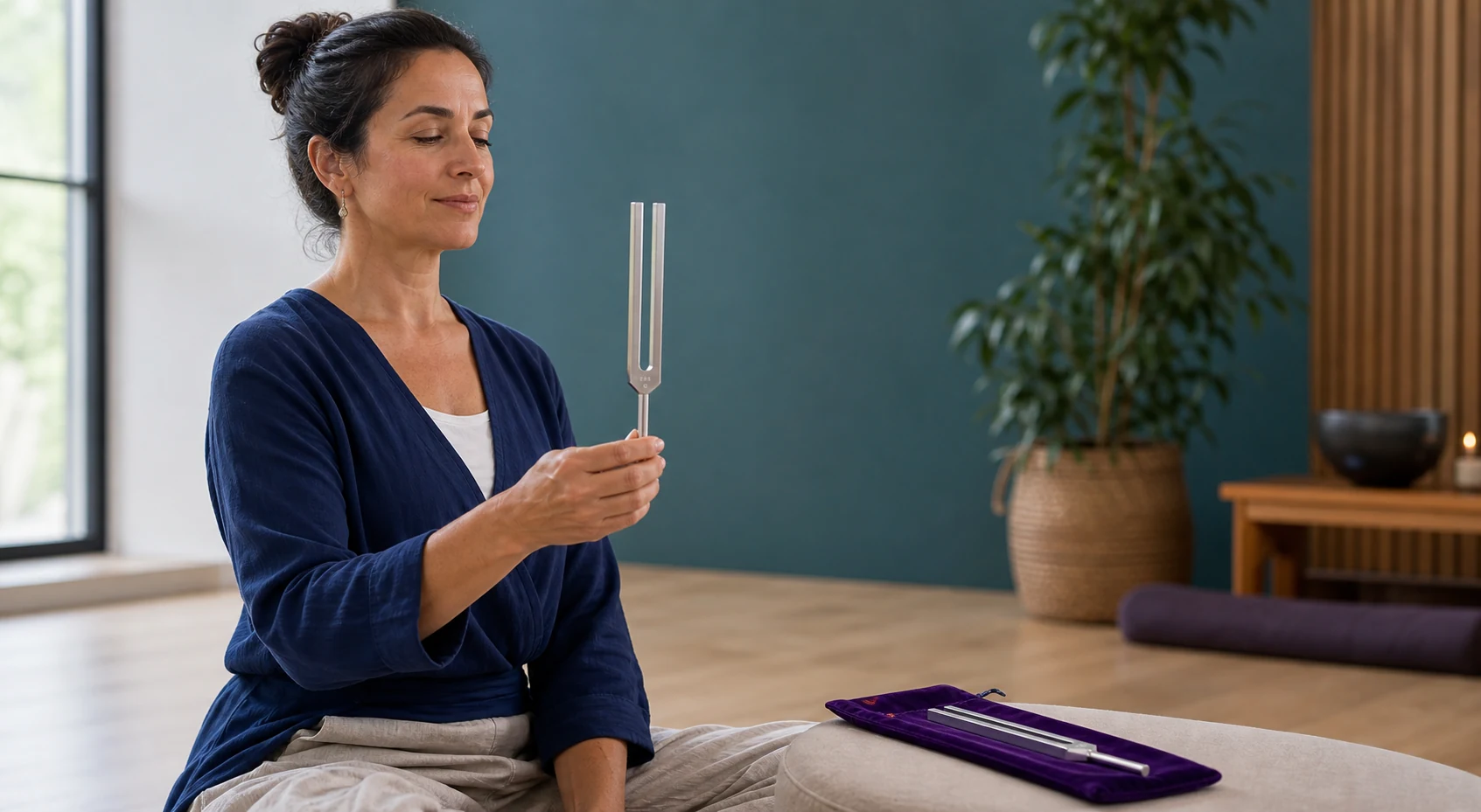 A seated person listening attentively to an unweighted BioSonics tuning fork