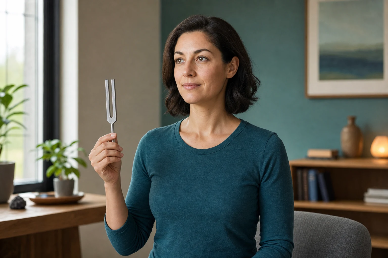 A seated listener holding an unweighted tuning fork at a comfortable distance