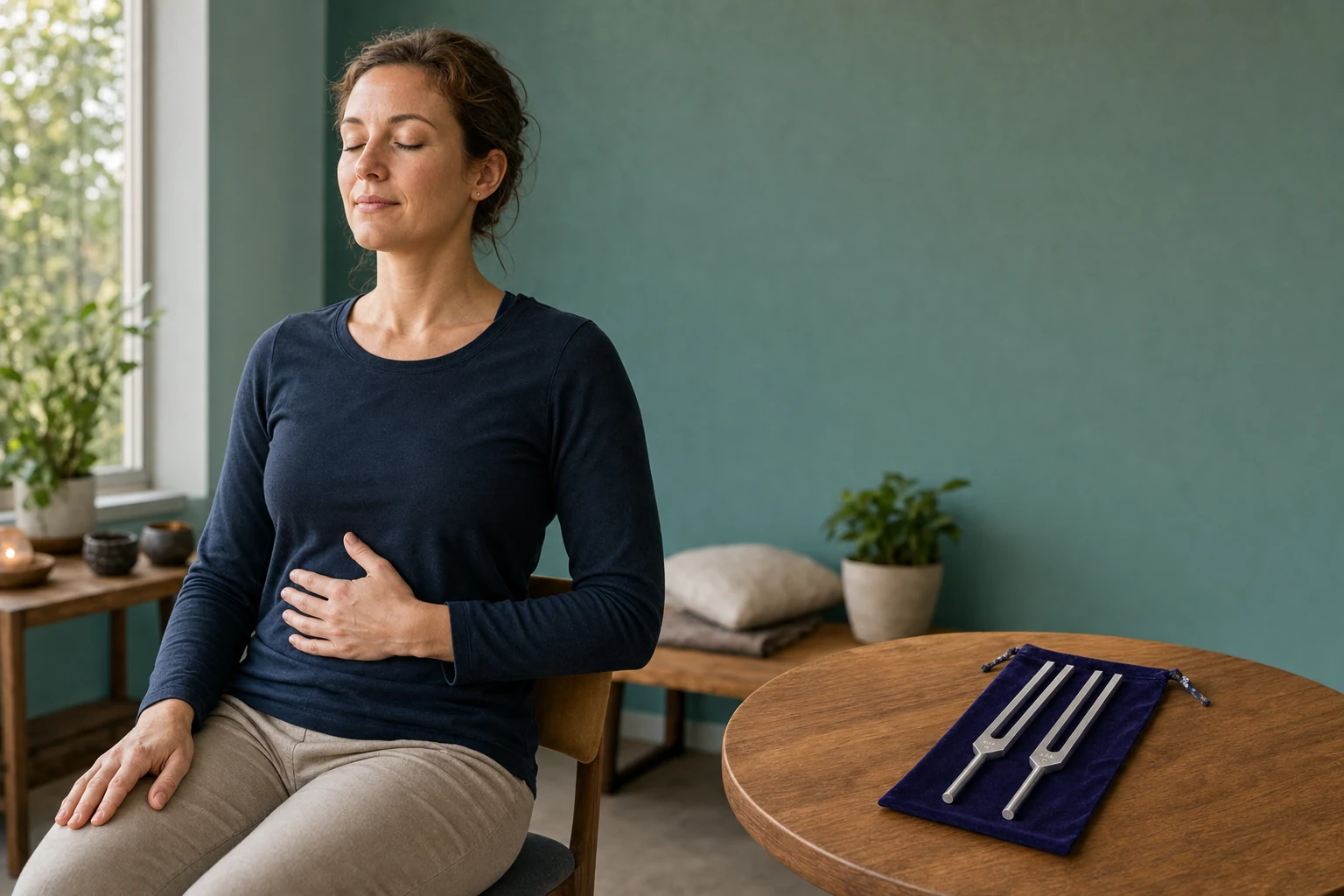 A seated person observing breath and posture with BioSonics Body Tuners resting nearby