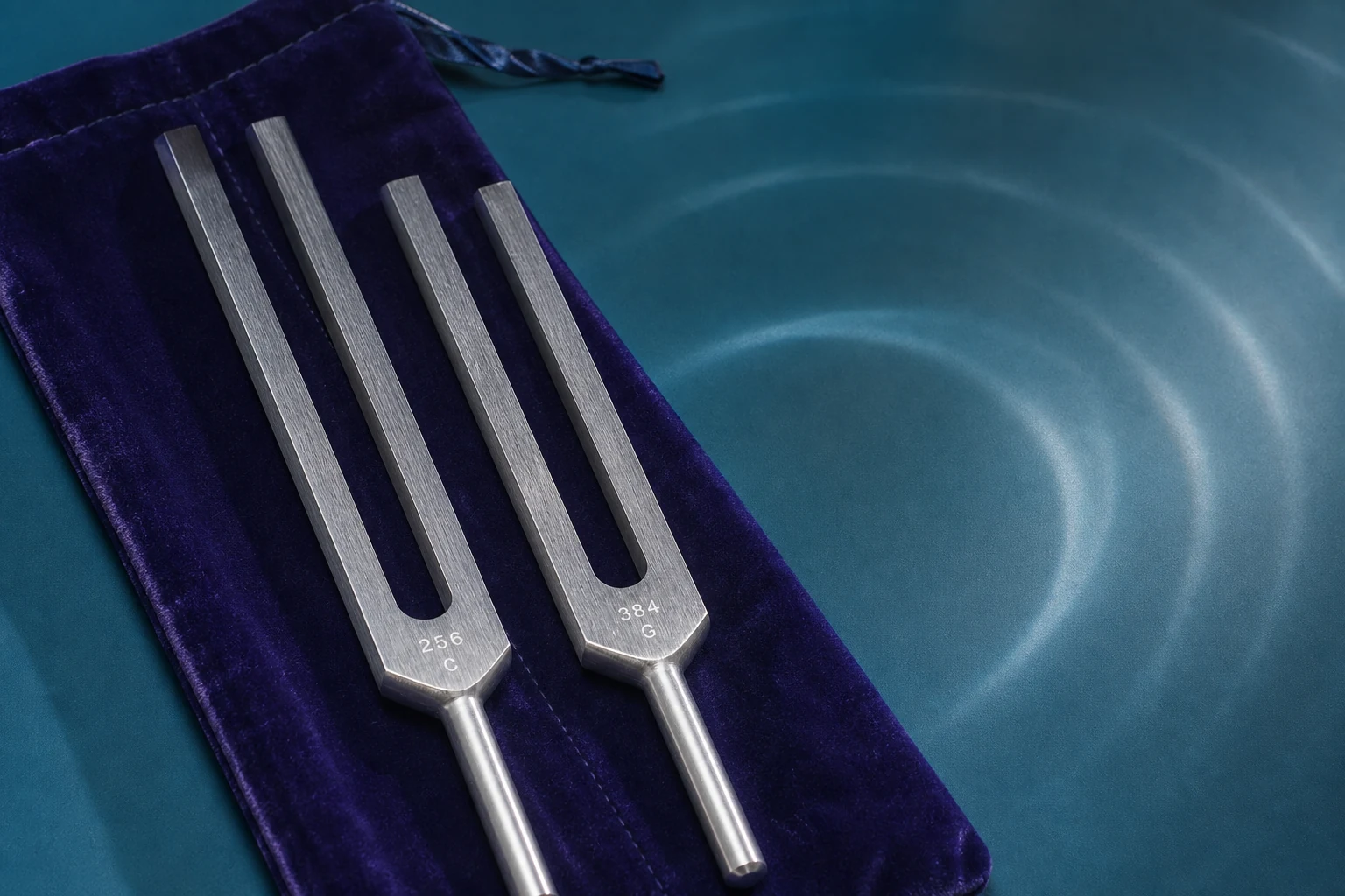 BioSonics C256 and G384 Body Tuners on their purple pouch with subtle sound reflections