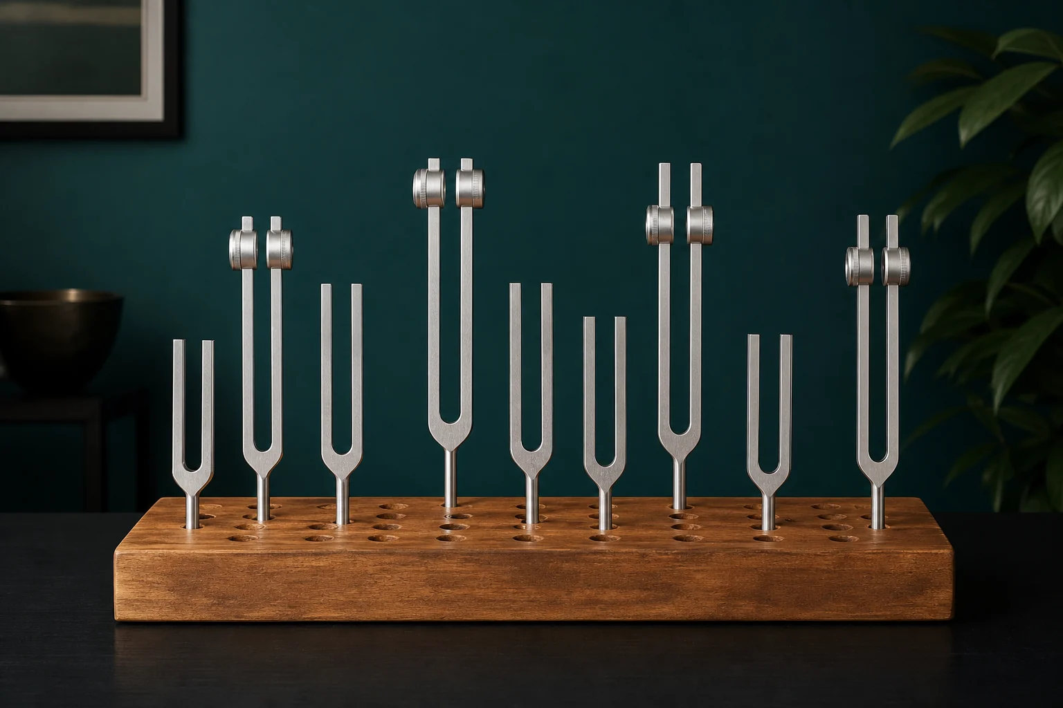 BioSonics tuning forks arranged in a practitioner display stand