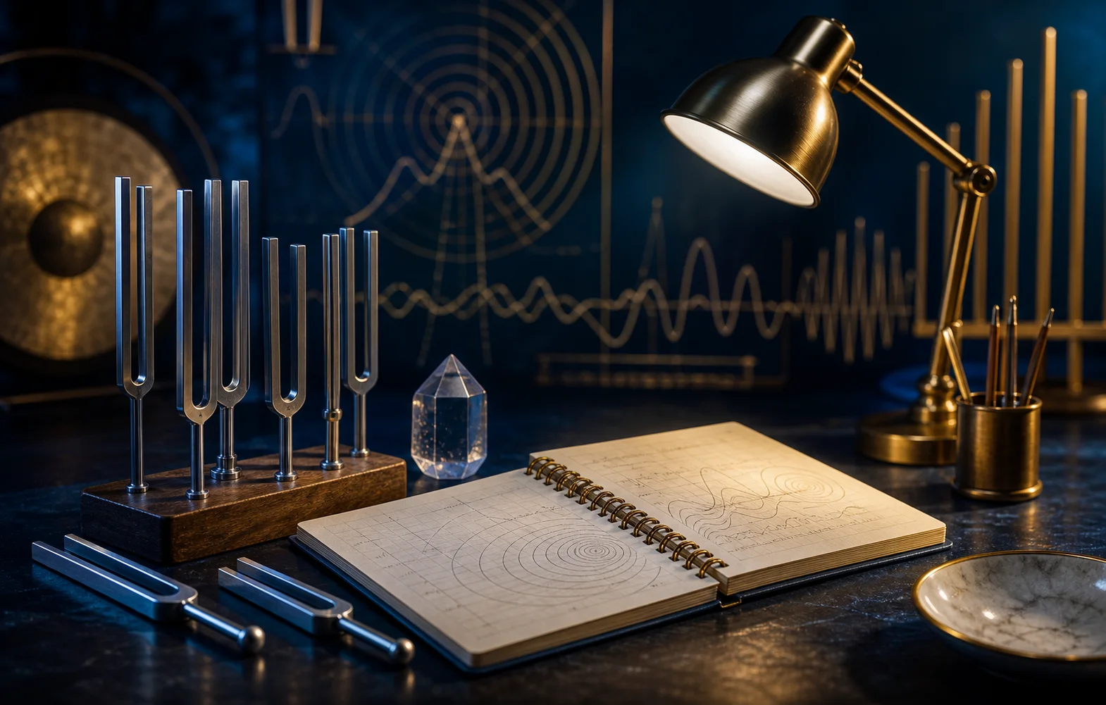 Tuning fork learning studio with sound diagrams and workshop notes