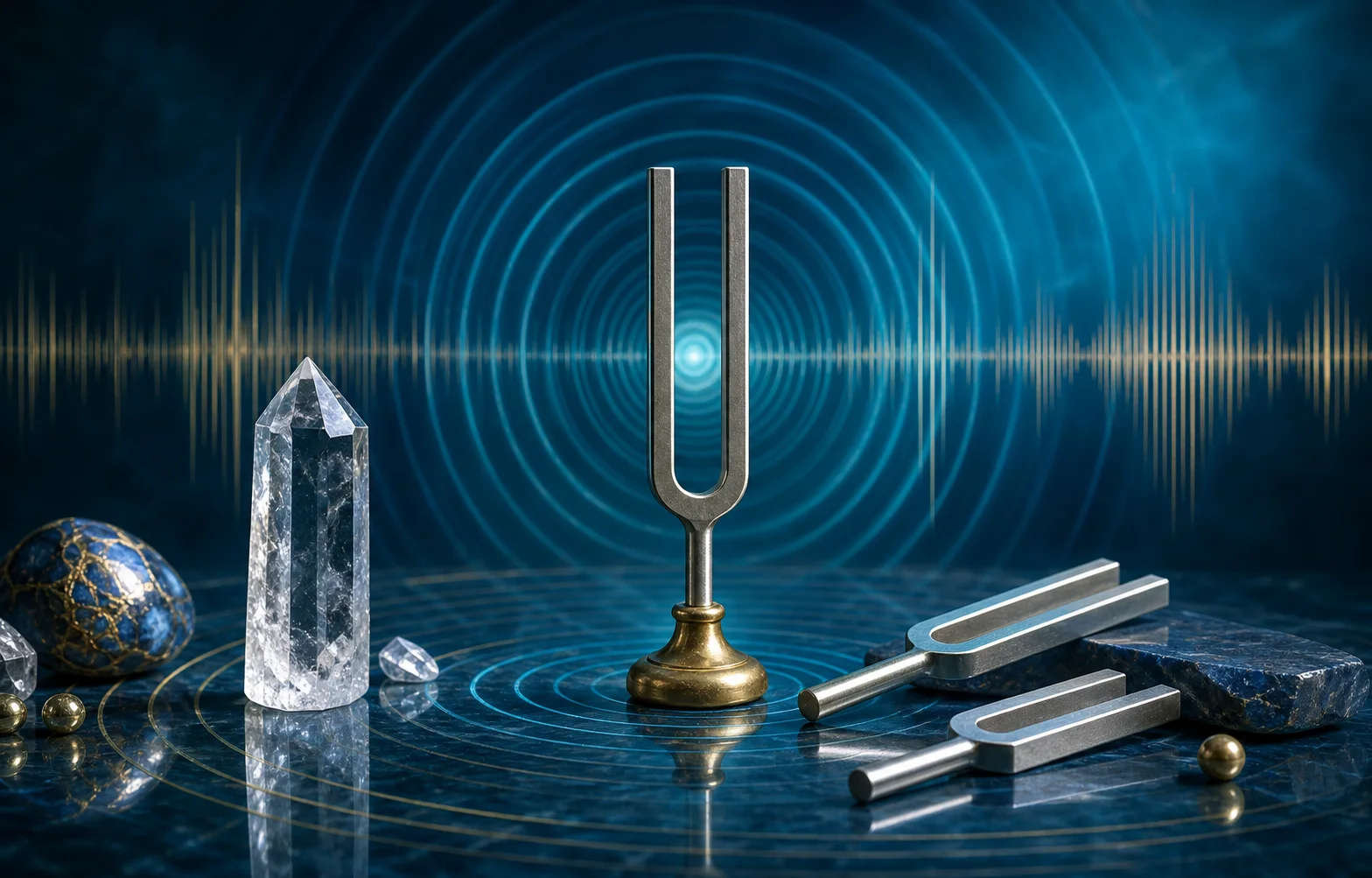 Tuning fork and crystal surrounded by luminous frequency waves
