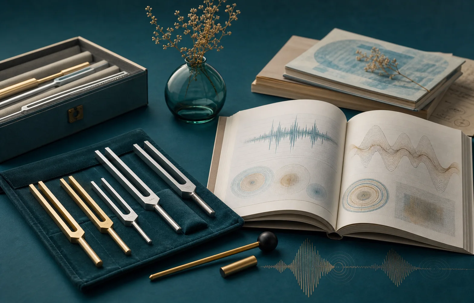 Resource library with tuning forks, guides, and sound diagrams