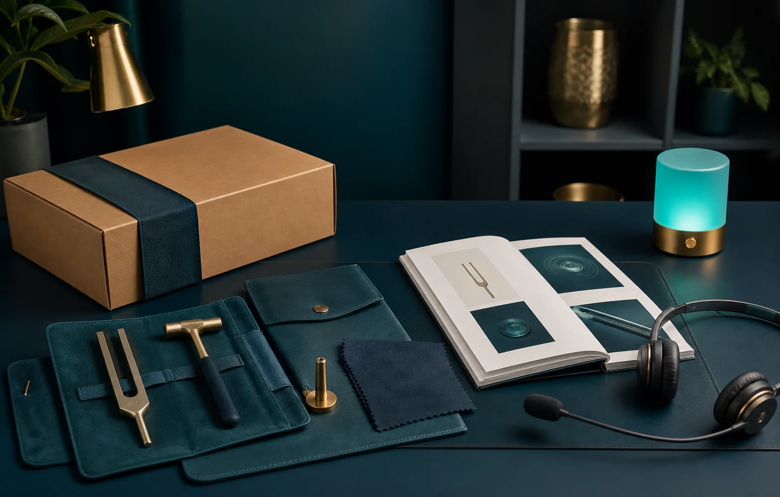 Support workspace with care tools, product guides, and shipping materials