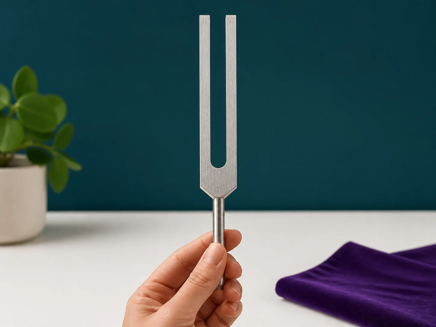 A hand holding a BioSonics-style tuning fork by its cylindrical handle.