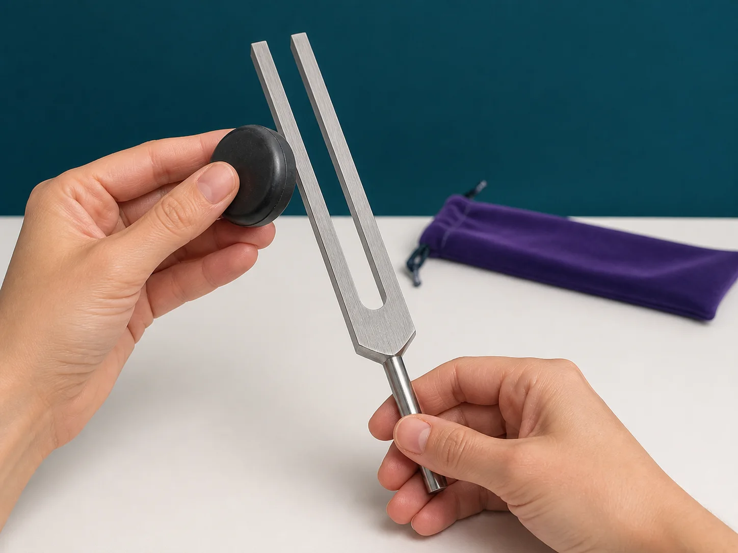 A tuning fork being gently activated with a soft rubber activator.