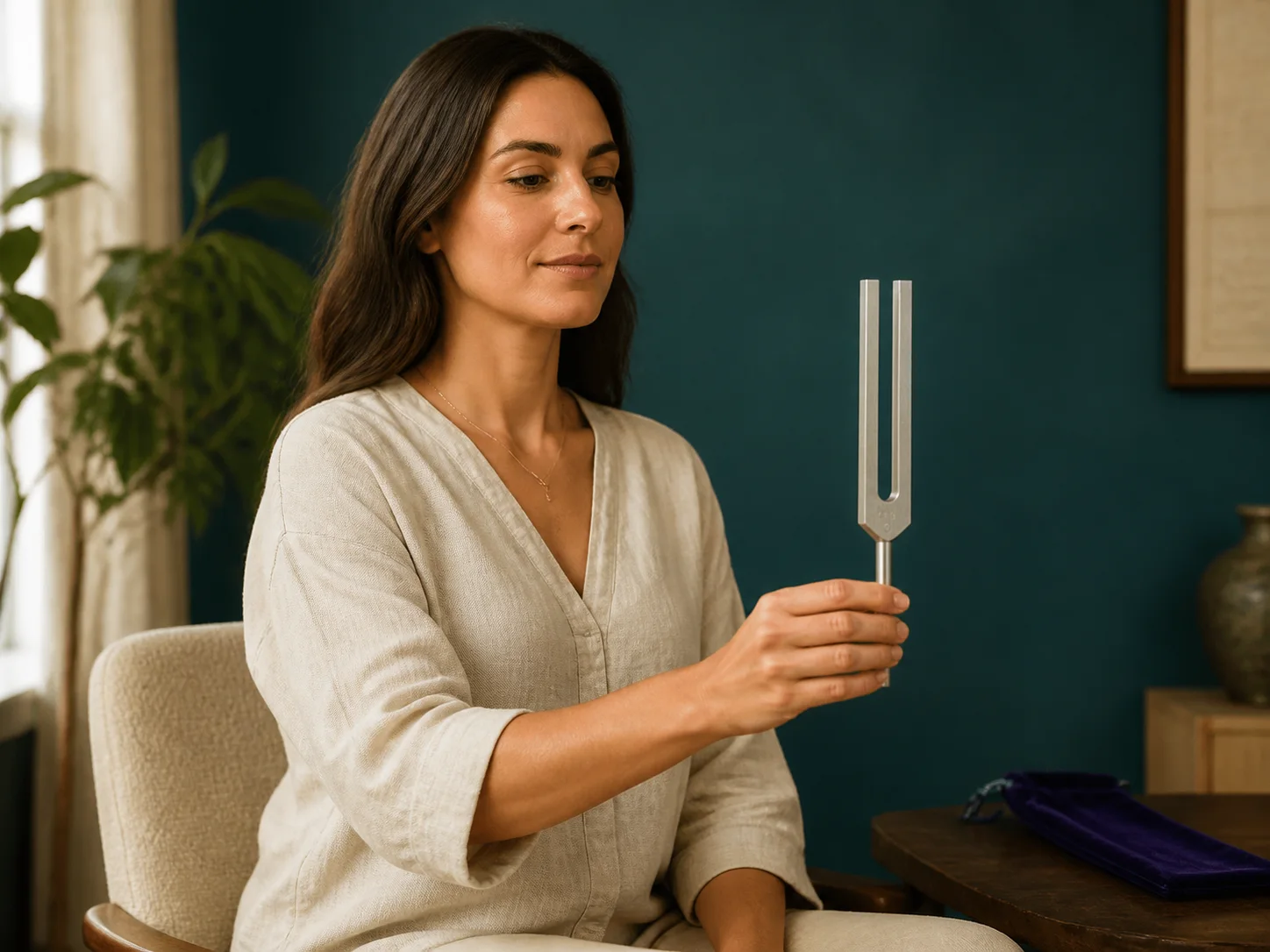 A seated person calmly listening to a sounding tuning fork at a comfortable distance.