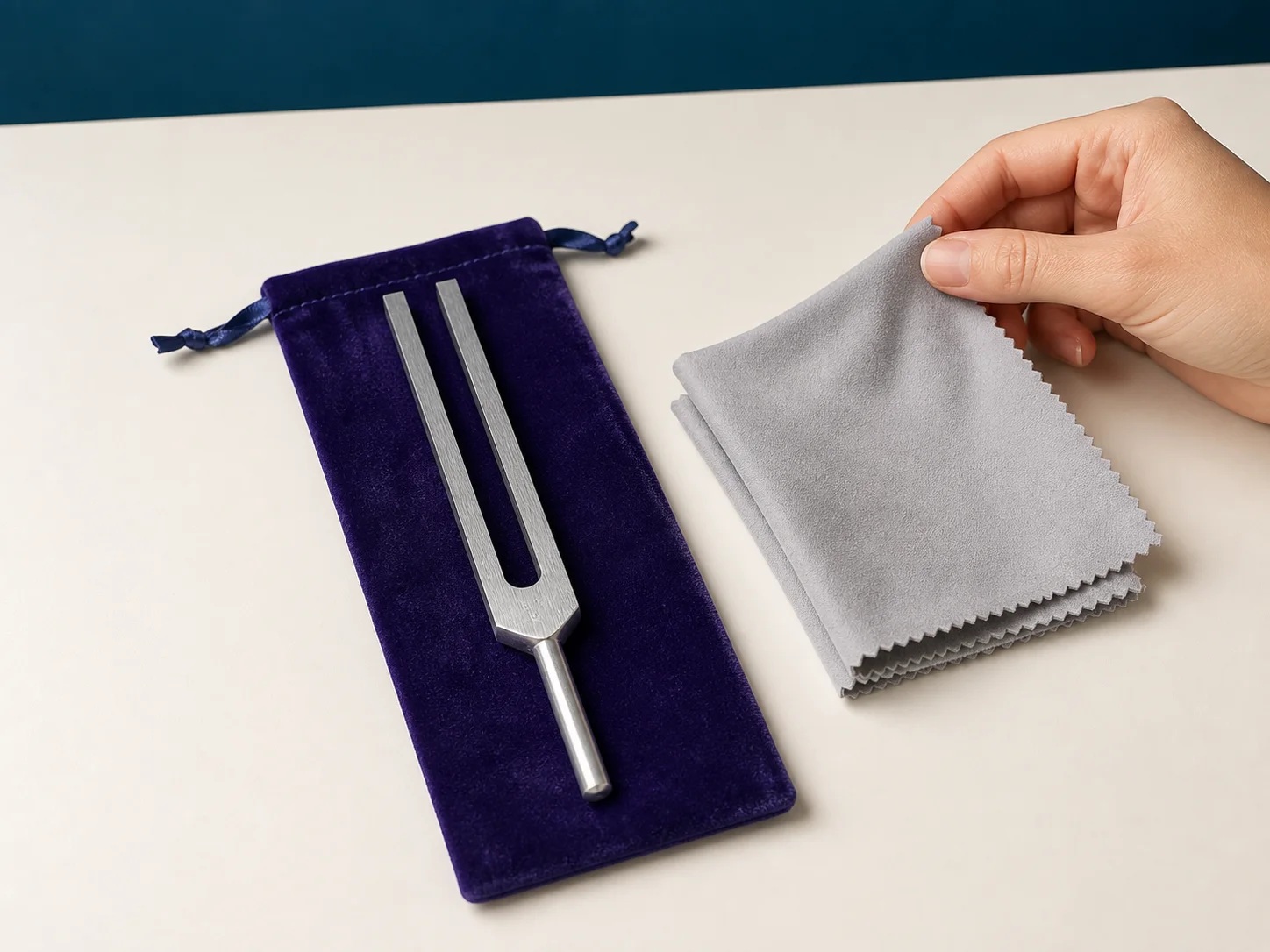 A tuning fork, soft dry cloth, and purple storage pouch arranged for care.