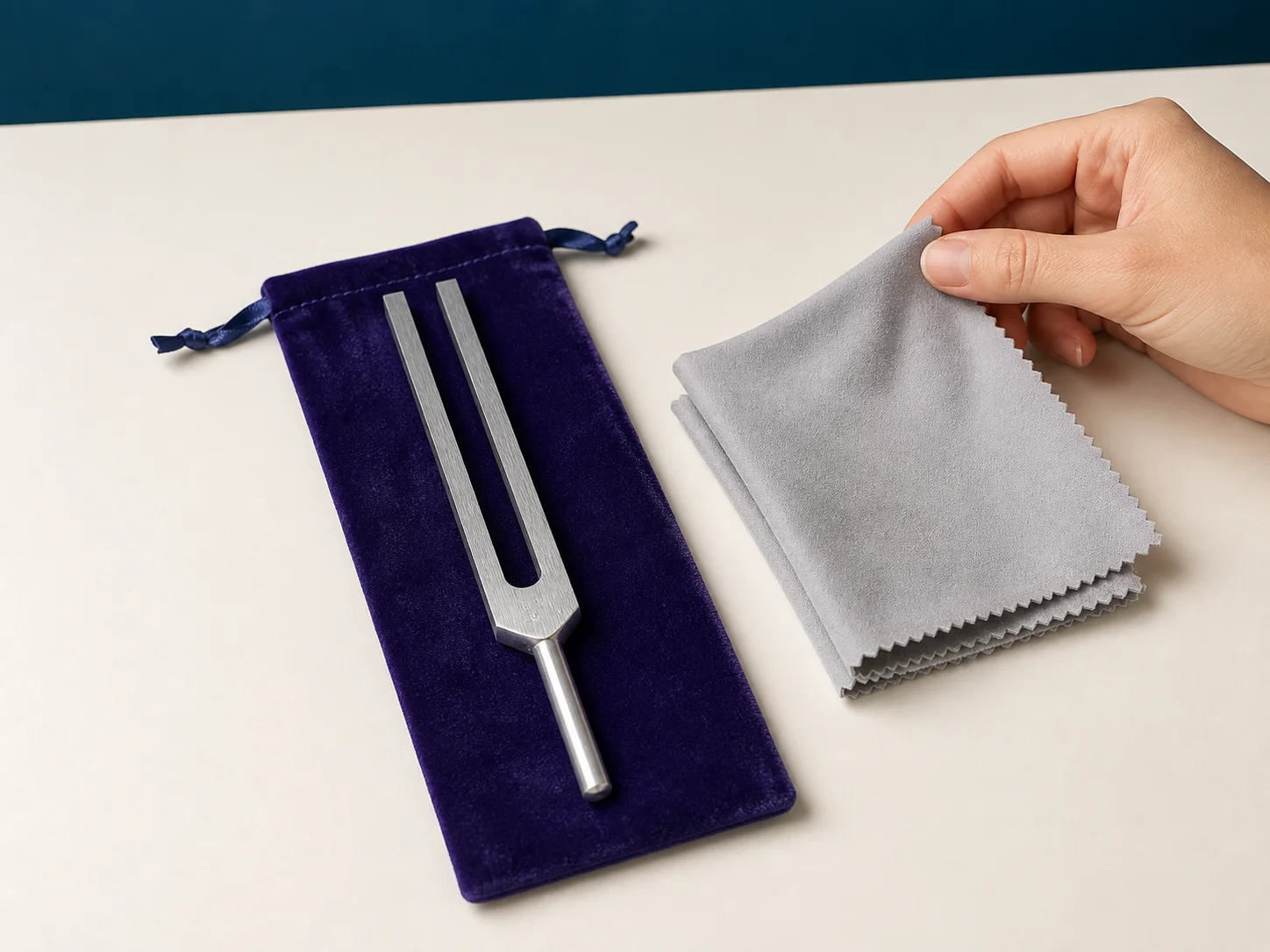A tuning fork, soft dry cloth, and purple storage pouch arranged for care.