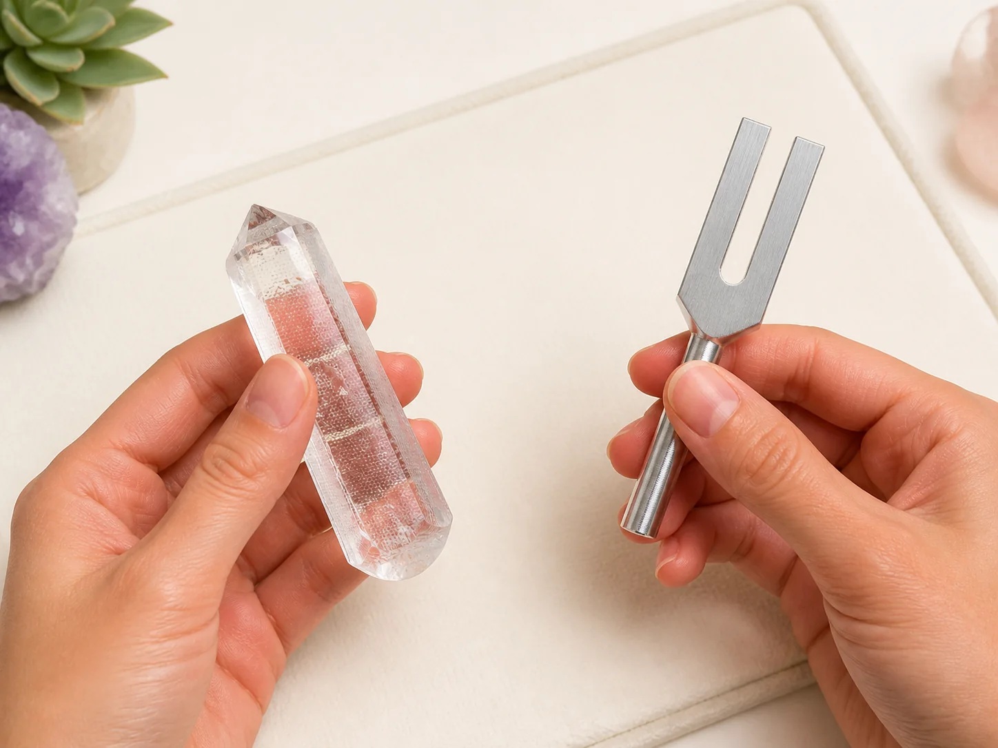 Two hands holding a clear fused-quartz wand and a BioSonics-style 4096 crystal tuning fork safely apart.