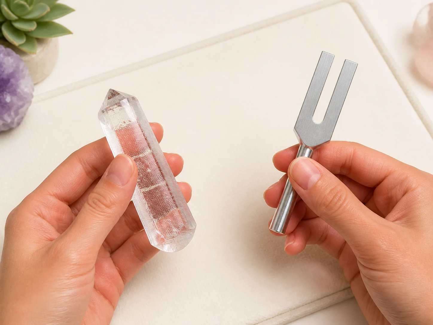 Two hands holding a clear fused-quartz wand and a BioSonics-style 4096 crystal tuning fork safely apart.