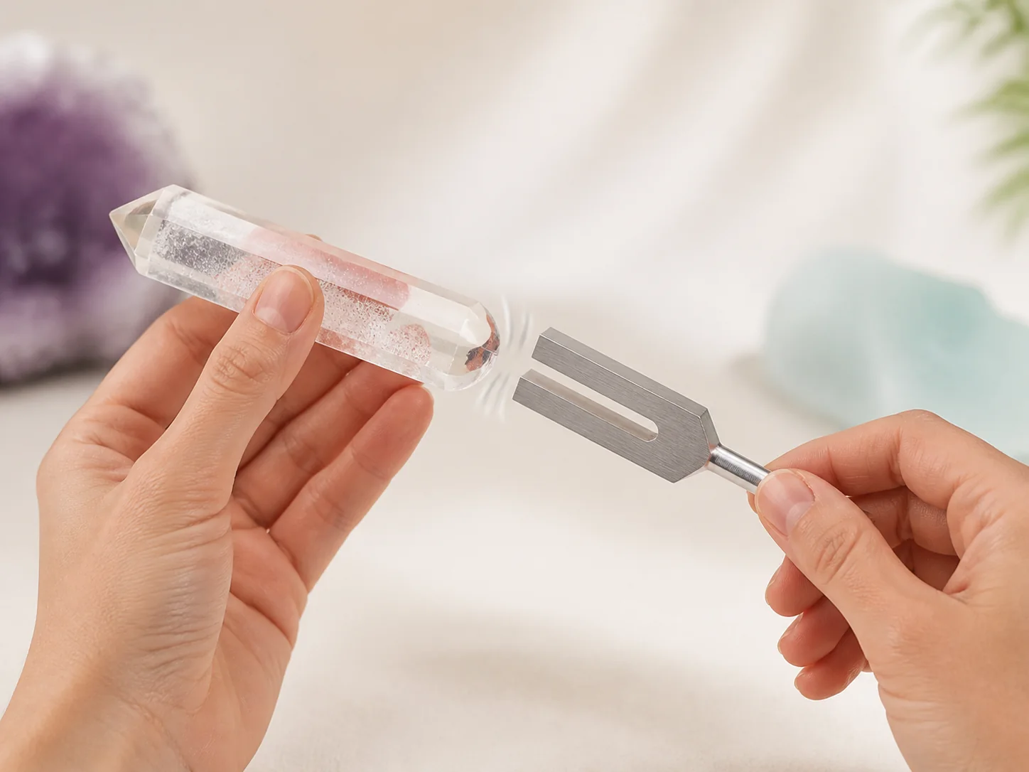 A BioSonics-style crystal tuning fork gently tapping the rounded end of a clear fused-quartz wand.