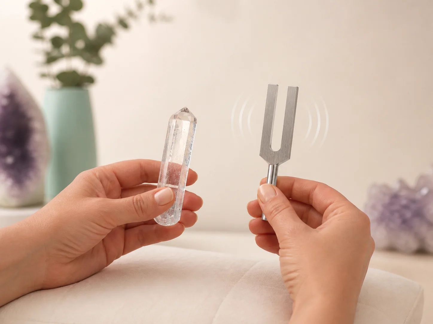 A clear quartz wand and sounding crystal tuning fork held apart while the tone fades.