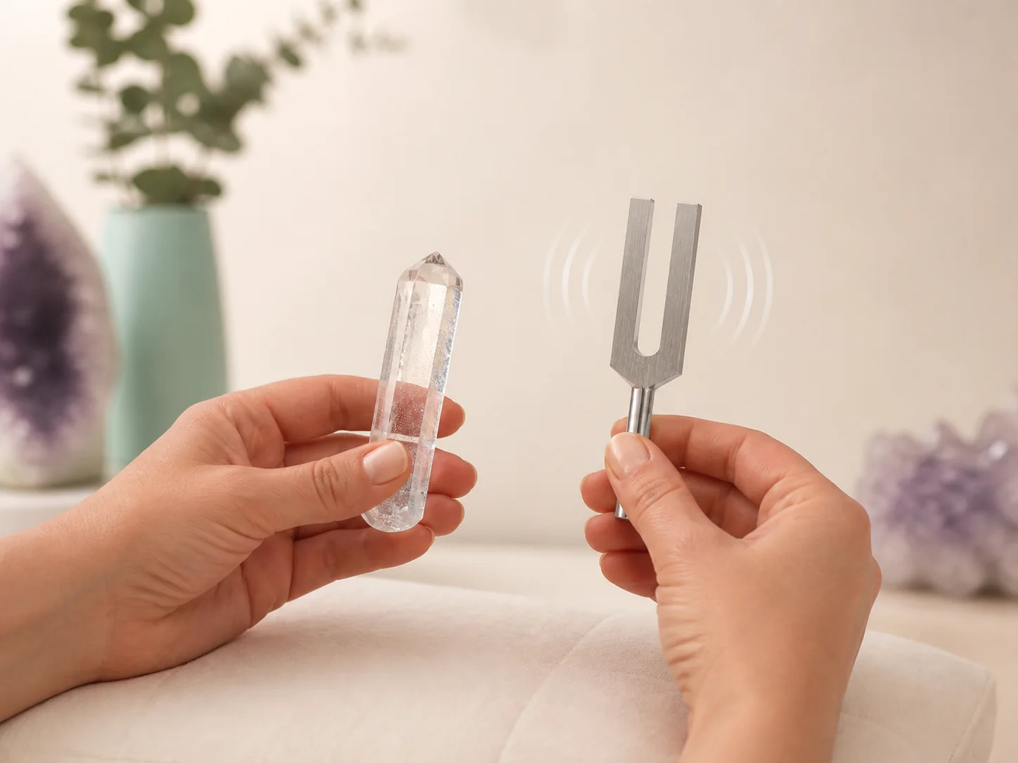 A clear quartz wand and sounding crystal tuning fork held apart while the tone fades.