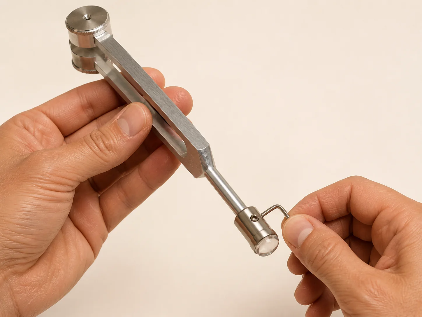 A clear-quartz Gem Foot being secured to the stem of a weighted Otto tuning fork with a small Allen wrench.