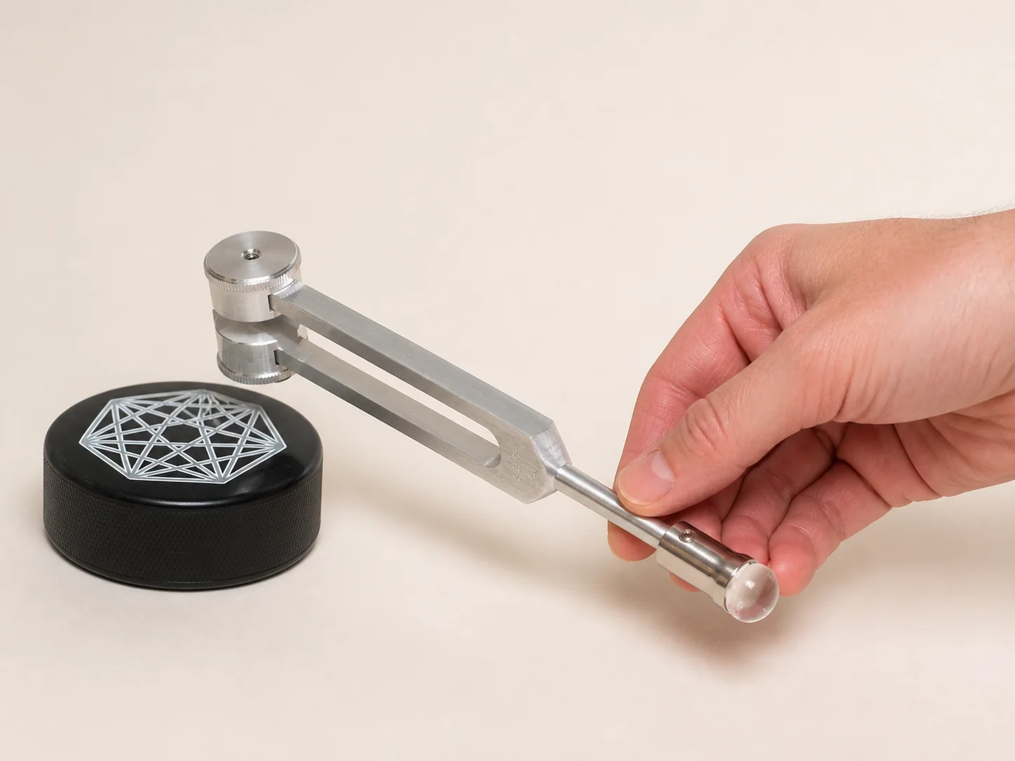 A weighted Otto tuning fork with a clear-quartz Gem Foot held near a soft rubber activator.