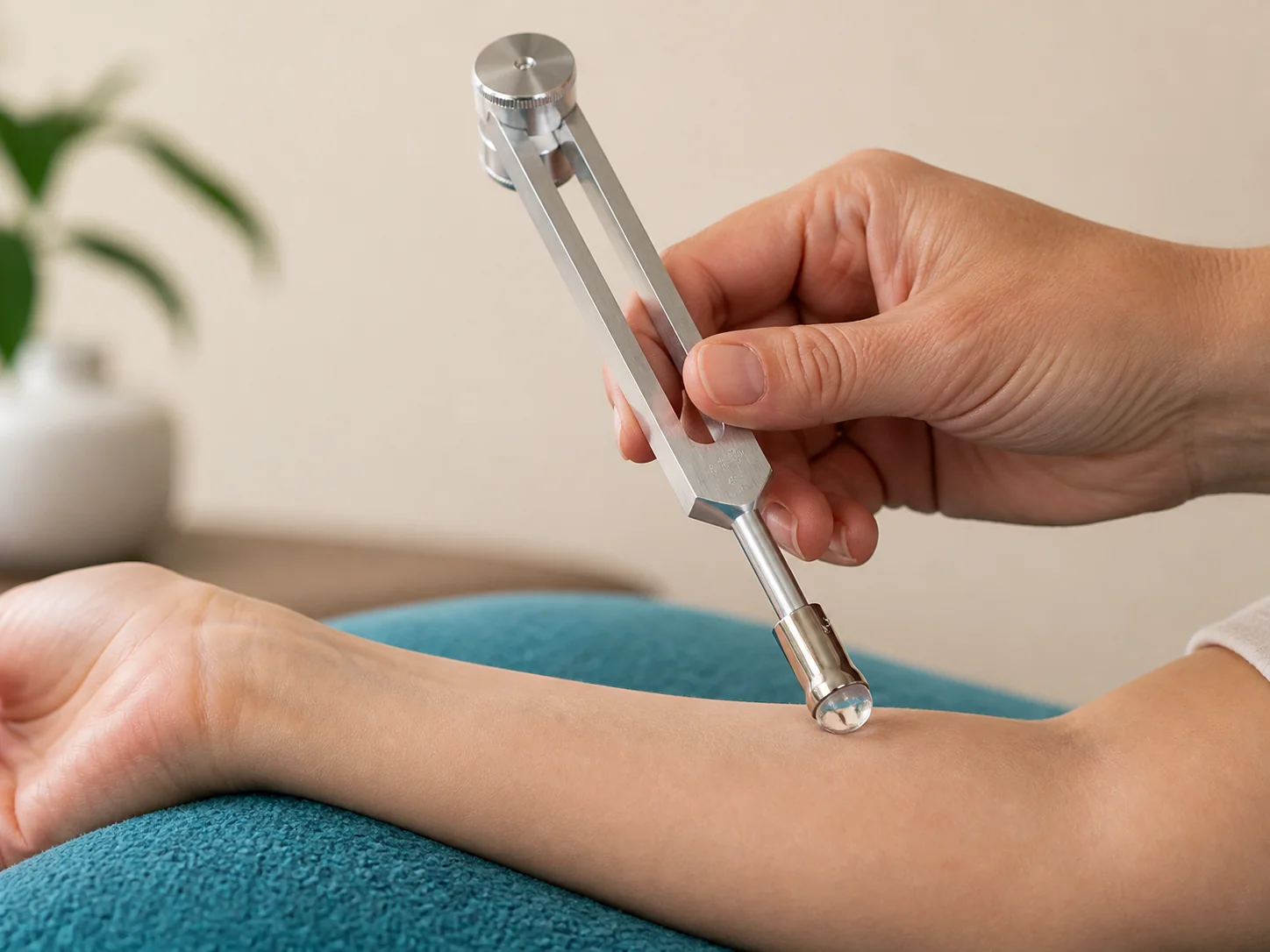 A clear-quartz Gem Foot resting gently against a relaxed forearm while the tuning fork is held by its stem.
