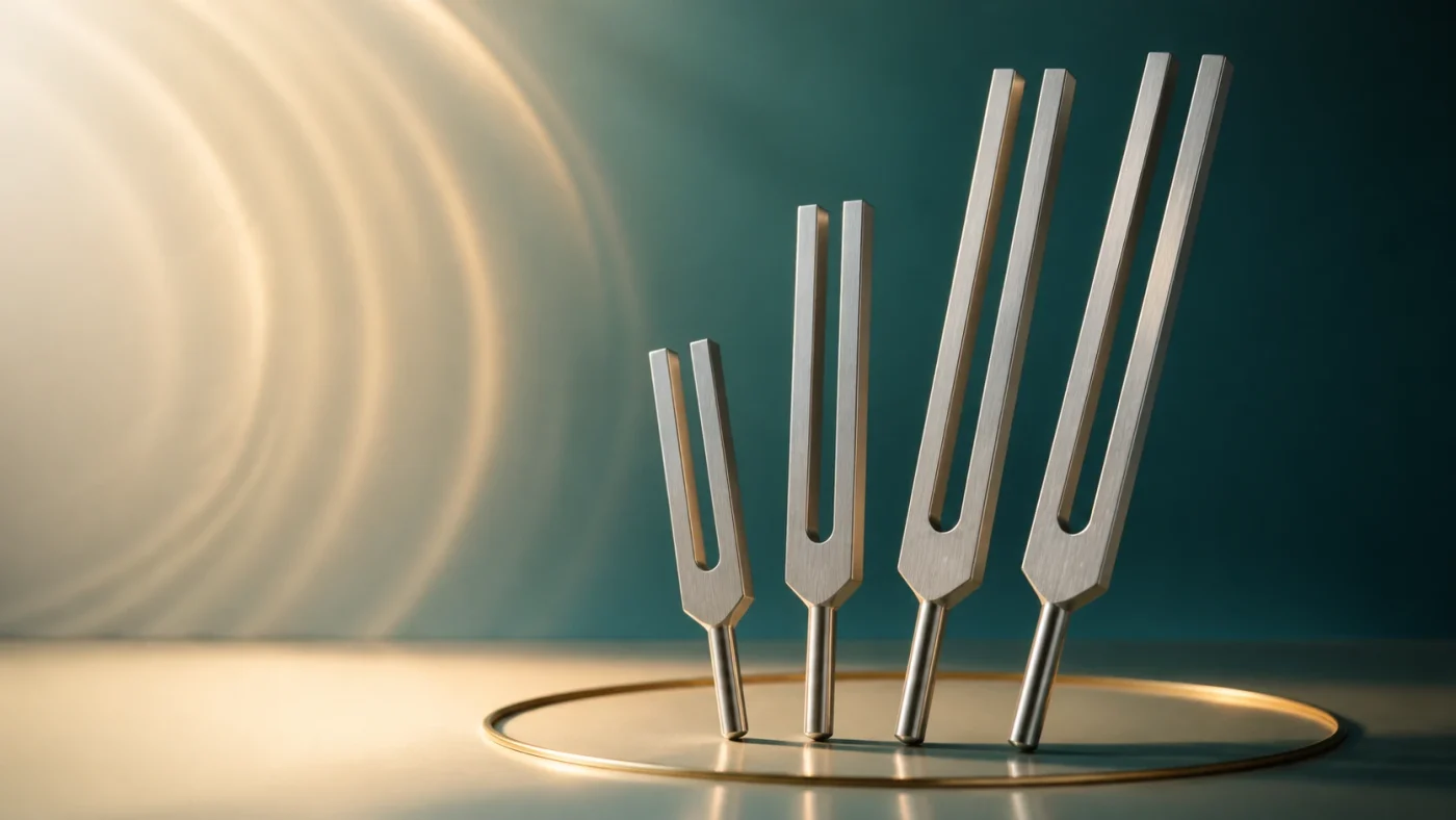 Polished BioSonics tuning forks with teal and gold sound-wave light