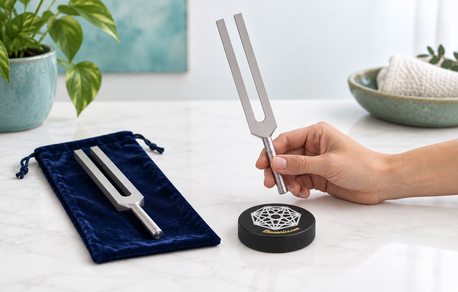 Illustration of holding a BioSonics Body Tuner beside the branded BioSonics fork activator